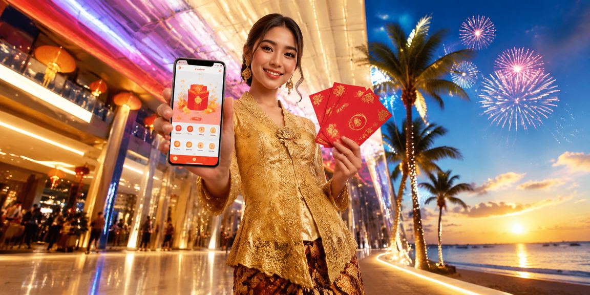 Sampul merah bonus raya 55r15 dengan elemen kebaya Langkawi untuk promosi perayaan